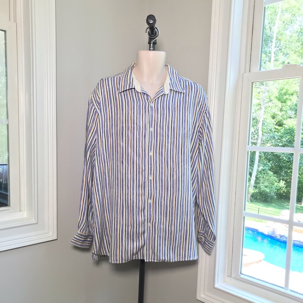 Tommy Bahama Silk Shirt Button Down Long Sleeve Striped  ~ Men’s Large EUC!